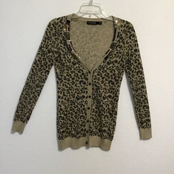 La Chapelle Leopard Print Deep V-Neck Button Front Cardigan Size XS - Picture 8 of 12